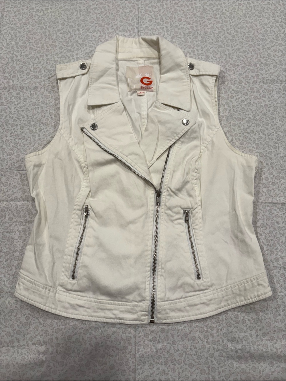 G by GUESS Women’s White Biker Vest Zip Front Pockets Collared Size L Y2K Grunge